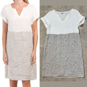Lina Tomei Linen Embroidered Dress Women’s Medium White Brown Floral V-Neck